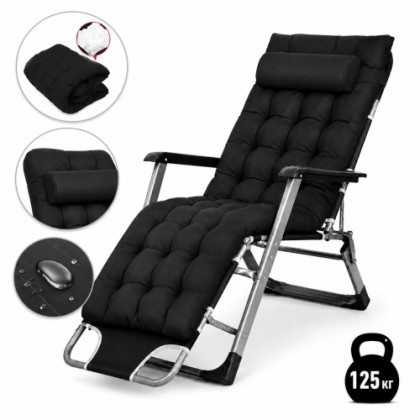 Садове пляжне крісло Ideal Garden Premium з матрацом та подушкою, до 125 кг, чорний, шезлонг для саду та тераси